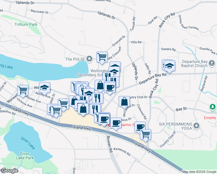 map of restaurants, bars, coffee shops, grocery stores, and more near 3148 Barons Road in Nanaimo