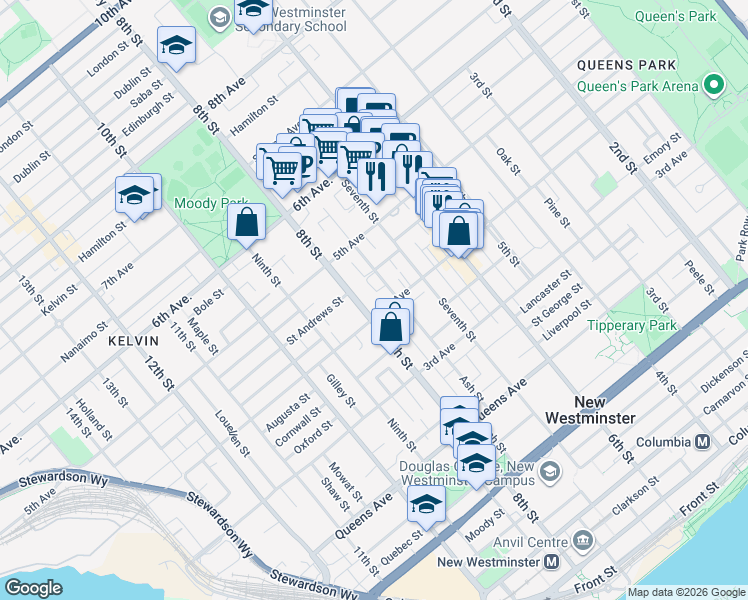 map of restaurants, bars, coffee shops, grocery stores, and more near 727 4th Avenue in New Westminster