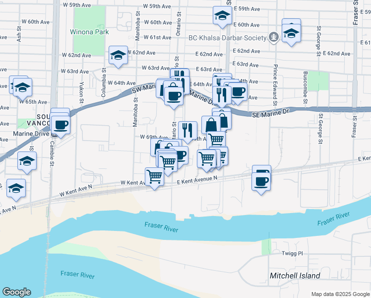 map of restaurants, bars, coffee shops, grocery stores, and more near 34 East 69th Avenue in Vancouver