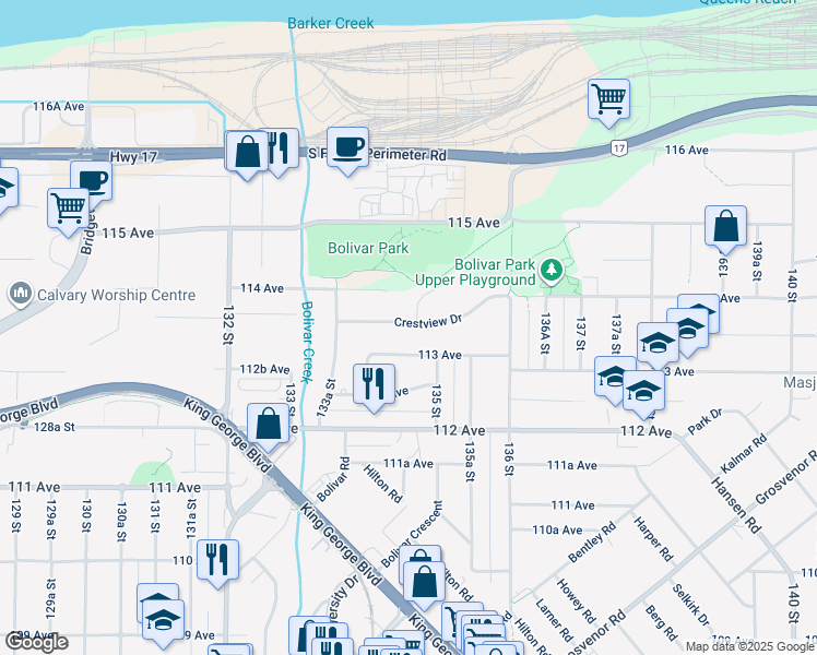 map of restaurants, bars, coffee shops, grocery stores, and more near in Surrey