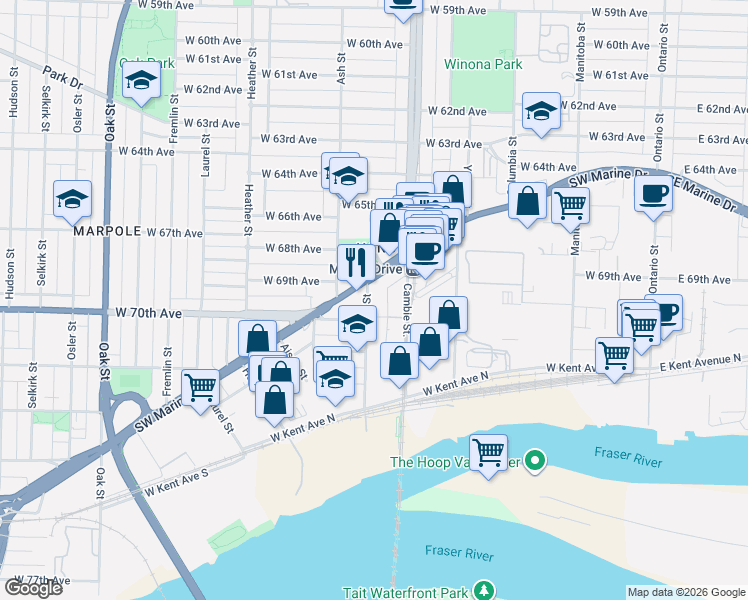 map of restaurants, bars, coffee shops, grocery stores, and more near in Vancouver