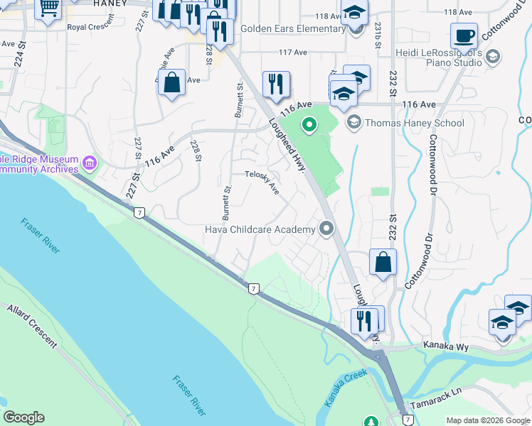 map of restaurants, bars, coffee shops, grocery stores, and more near 22892 Gillis Place in Maple Ridge