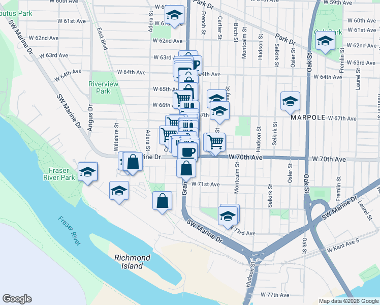 map of restaurants, bars, coffee shops, grocery stores, and more near 8584 Granville Street in Vancouver