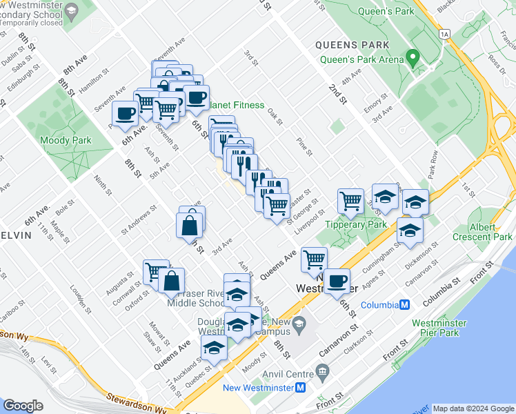 map of restaurants, bars, coffee shops, grocery stores, and more near 306 6th Street in New Westminster