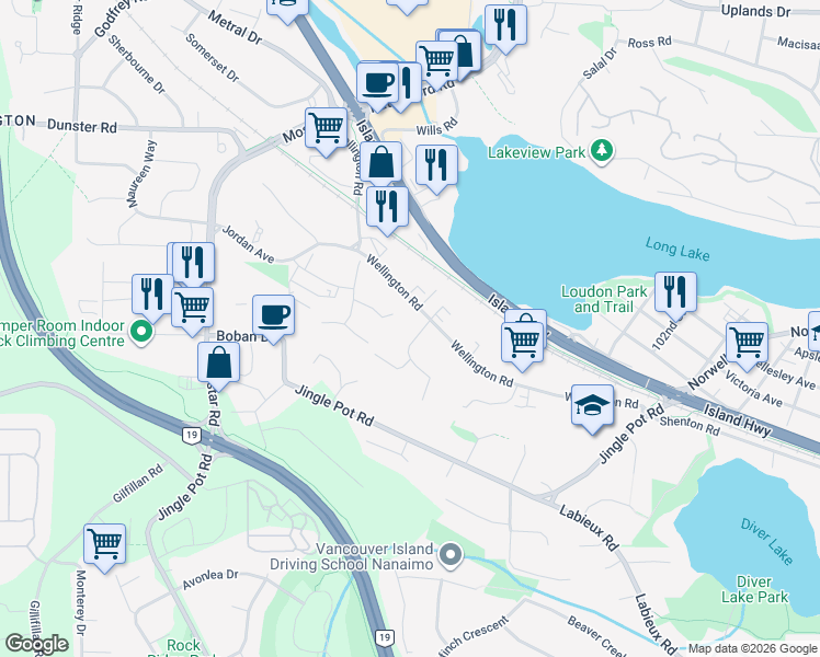 map of restaurants, bars, coffee shops, grocery stores, and more near 4545 Wellington Road in Nanaimo