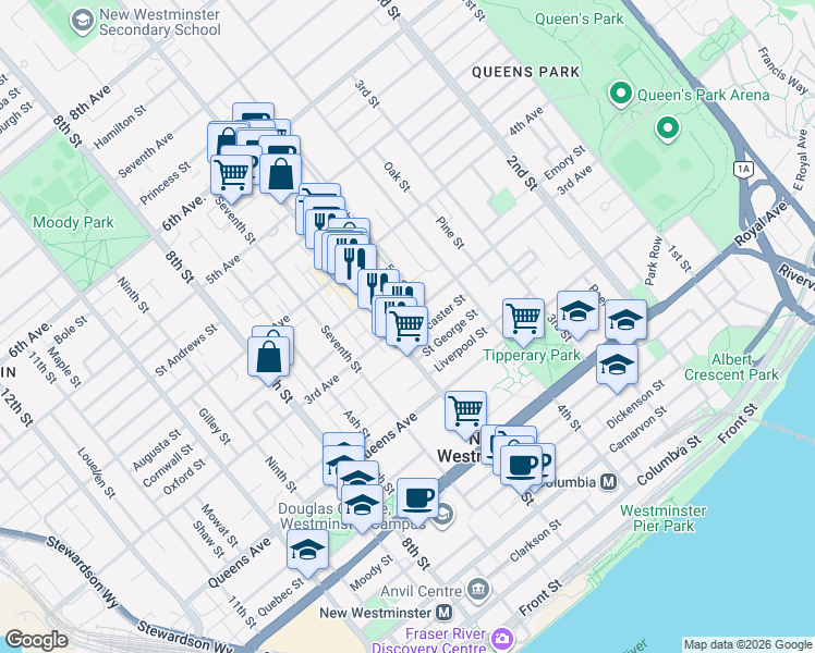 map of restaurants, bars, coffee shops, grocery stores, and more near in New Westminster