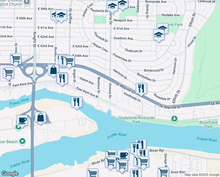 map of restaurants, bars, coffee shops, grocery stores, and more near 8363 Victoria Drive in Vancouver
