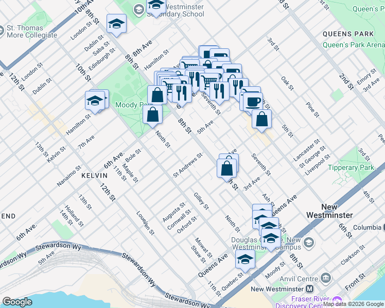 map of restaurants, bars, coffee shops, grocery stores, and more near 815 Saint Andrews Street in New Westminster