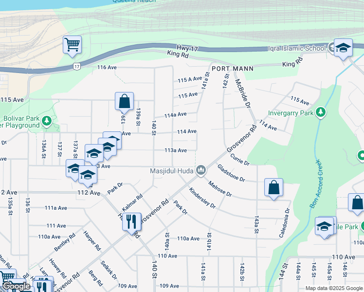 map of restaurants, bars, coffee shops, grocery stores, and more near 14085 113A Avenue in Surrey