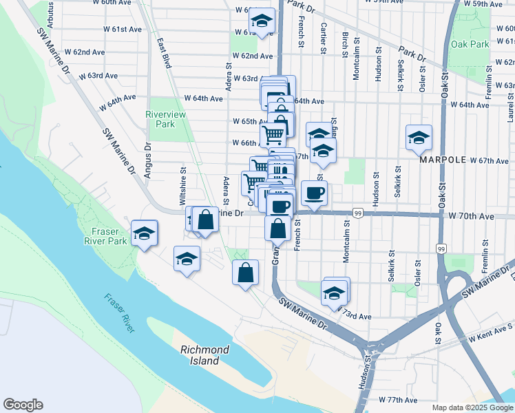map of restaurants, bars, coffee shops, grocery stores, and more near 8588 Cornish Street in Vancouver