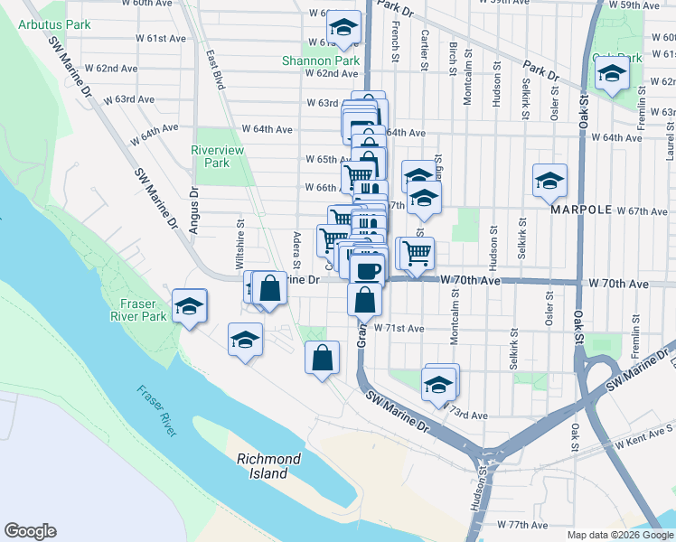 map of restaurants, bars, coffee shops, grocery stores, and more near 8588 Cornish Street in Vancouver