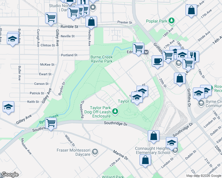 map of restaurants, bars, coffee shops, grocery stores, and more near 7418 Byrnepark Walk in Burnaby
