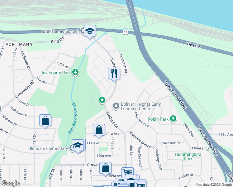 map of restaurants, bars, coffee shops, grocery stores, and more near 11372 Surrey Road in Surrey