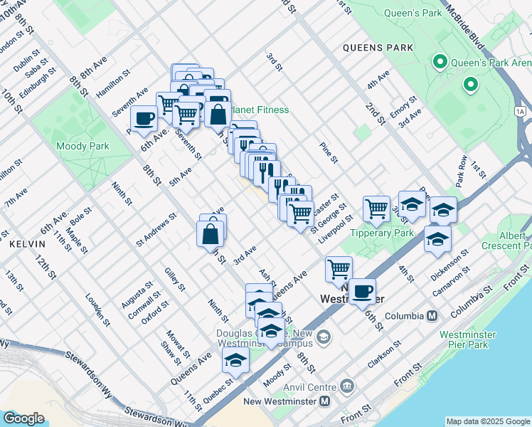 map of restaurants, bars, coffee shops, grocery stores, and more near 610 Blackford Street in New Westminster