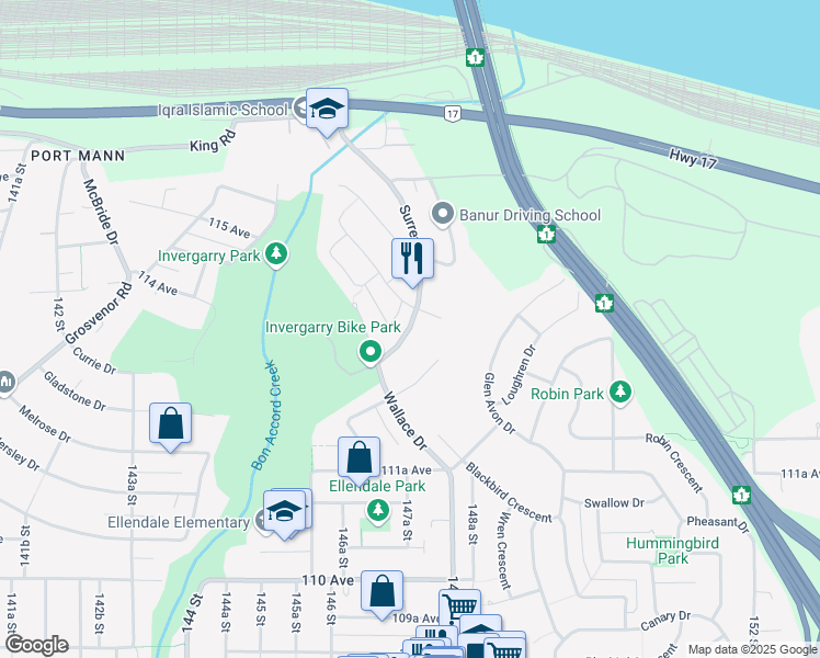 map of restaurants, bars, coffee shops, grocery stores, and more near 11366 Surrey Road in Surrey