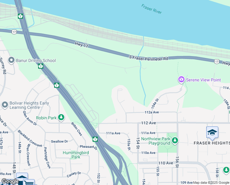 map of restaurants, bars, coffee shops, grocery stores, and more near 11383 153A Street in Surrey
