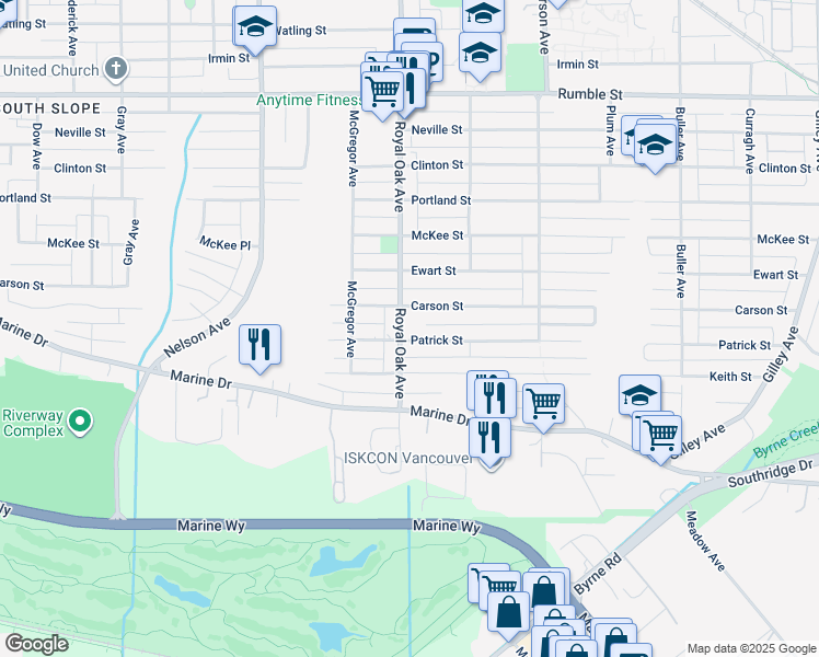 map of restaurants, bars, coffee shops, grocery stores, and more near 8326 Royal Oak Avenue in Burnaby