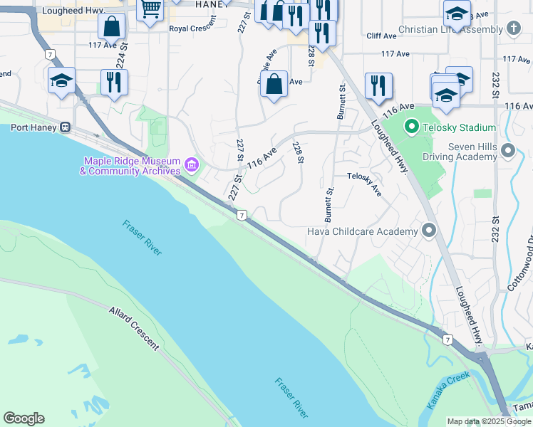 map of restaurants, bars, coffee shops, grocery stores, and more near 22751 Haney Bypass in Maple Ridge