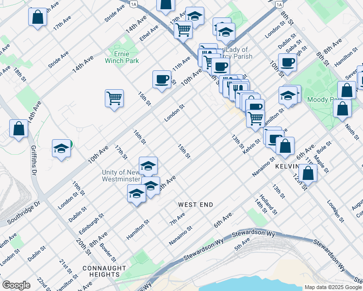 map of restaurants, bars, coffee shops, grocery stores, and more near 1429 Edinburgh Street in New Westminster