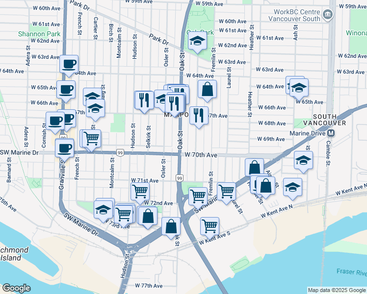 map of restaurants, bars, coffee shops, grocery stores, and more near 8568 Oak Street in Vancouver