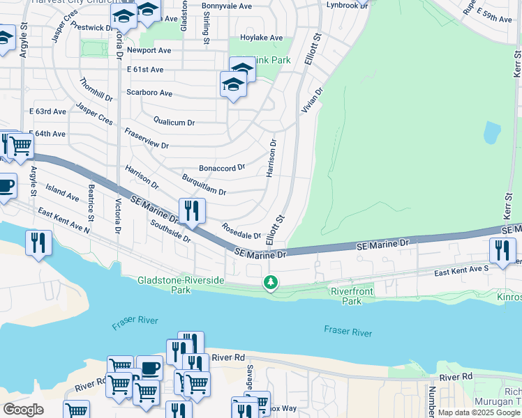 map of restaurants, bars, coffee shops, grocery stores, and more near 2354 Harrison Drive in Vancouver