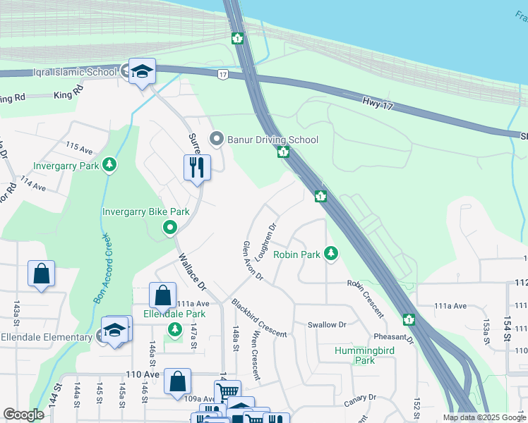 map of restaurants, bars, coffee shops, grocery stores, and more near in Surrey