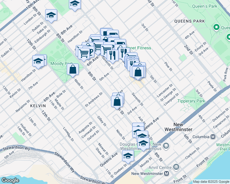 map of restaurants, bars, coffee shops, grocery stores, and more near 417 Eighth Street in New Westminster