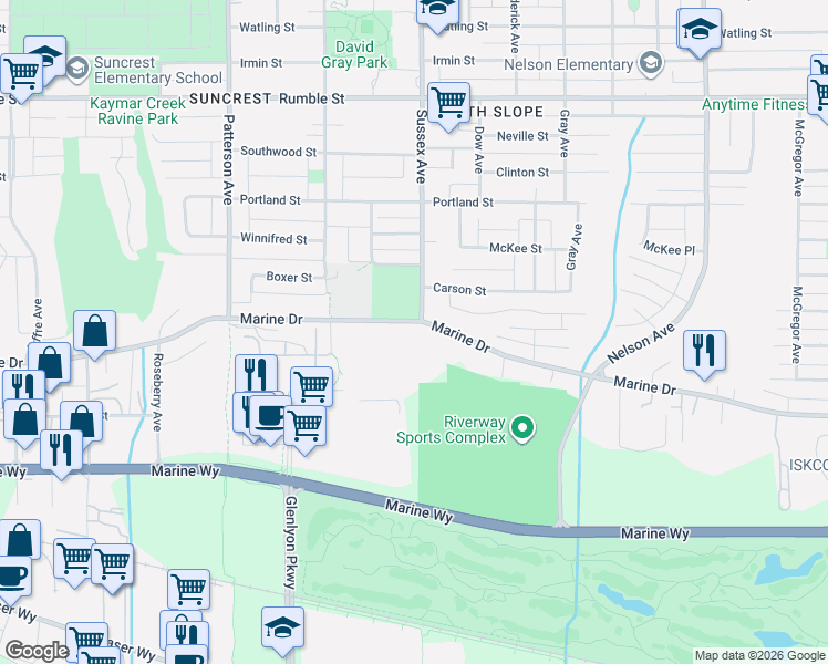 map of restaurants, bars, coffee shops, grocery stores, and more near 4409 Marine Drive in Burnaby