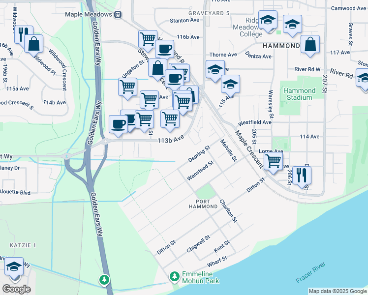 map of restaurants, bars, coffee shops, grocery stores, and more near 20210 113B Avenue East in Maple Ridge