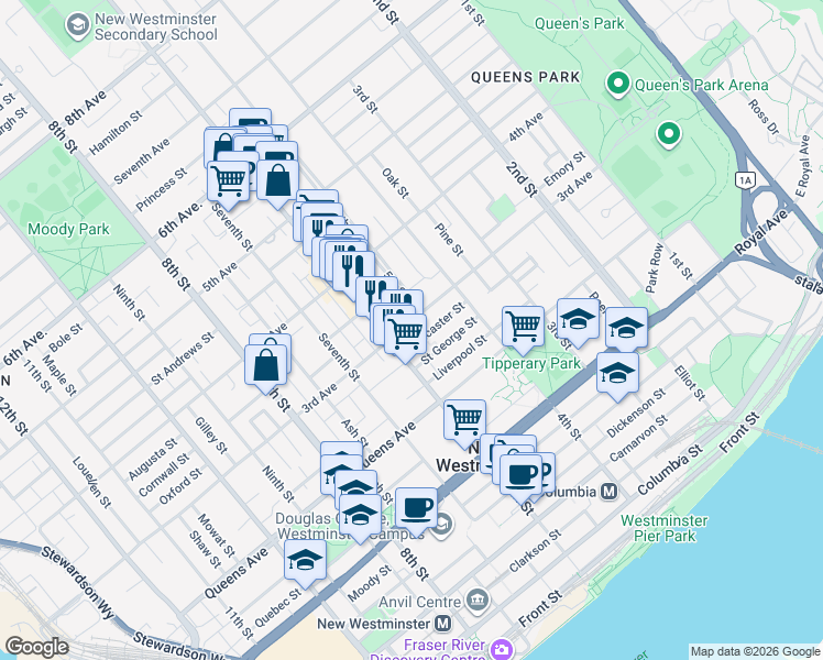 map of restaurants, bars, coffee shops, grocery stores, and more near 510 3rd Avenue in New Westminster