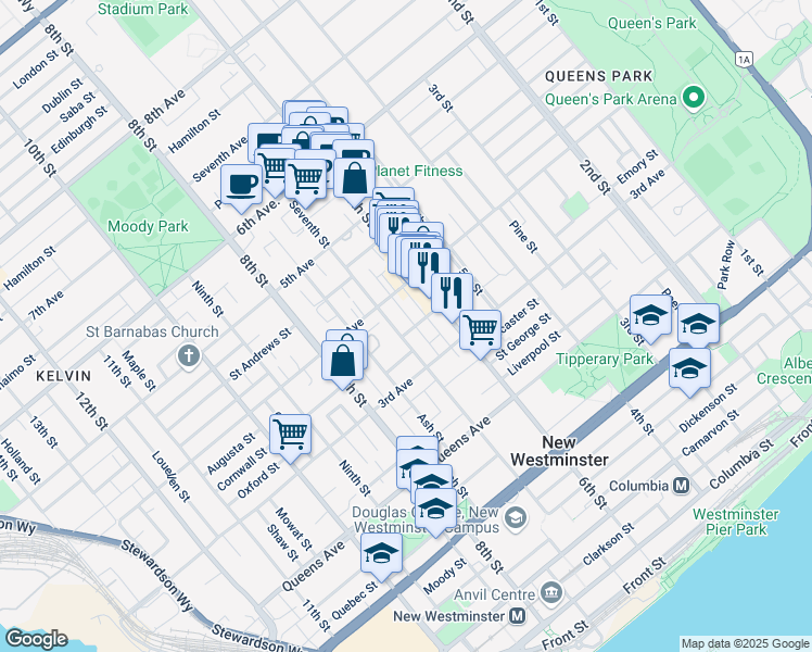 map of restaurants, bars, coffee shops, grocery stores, and more near 325 Seventh Street in New Westminster