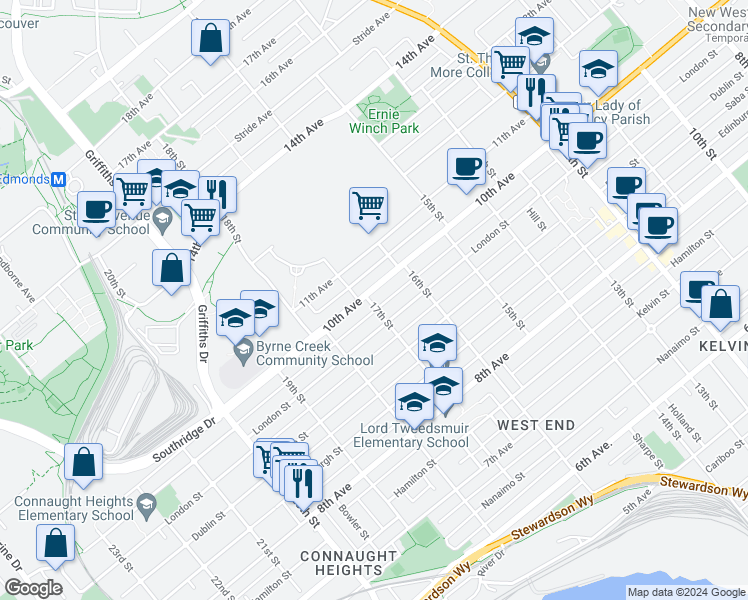 map of restaurants, bars, coffee shops, grocery stores, and more near 933 17th Street in New Westminster