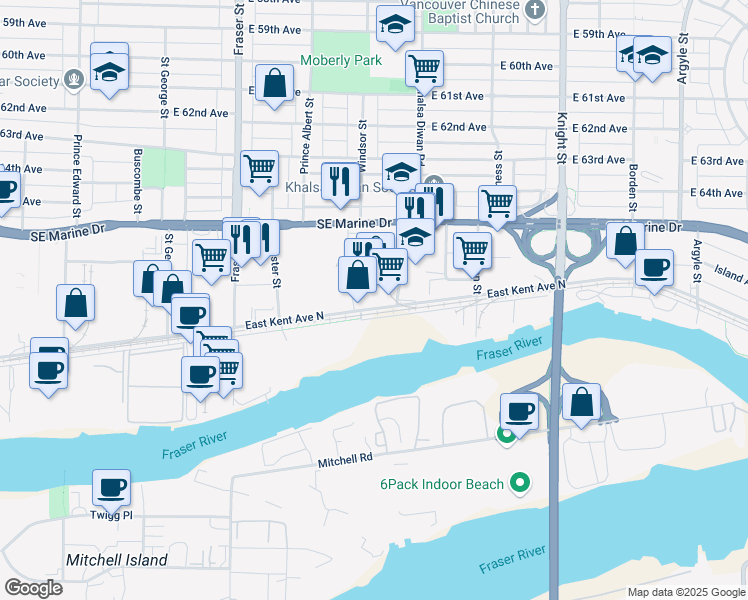 map of restaurants, bars, coffee shops, grocery stores, and more near 900 East Kent Avenue South in Vancouver