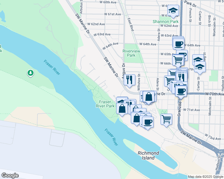 map of restaurants, bars, coffee shops, grocery stores, and more near 8530 Anglers Place in Vancouver