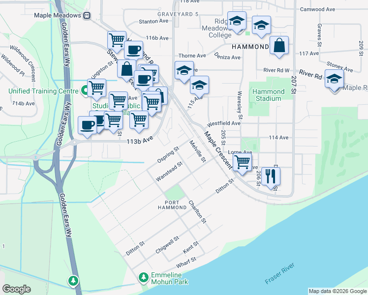 map of restaurants, bars, coffee shops, grocery stores, and more near in Maple Ridge
