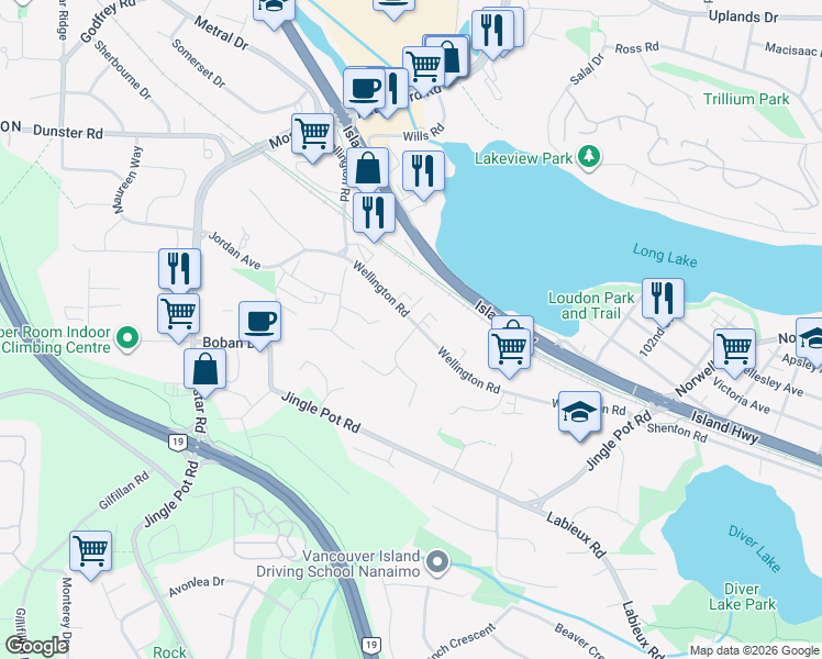 map of restaurants, bars, coffee shops, grocery stores, and more near 4474 Wellington Road in Nanaimo