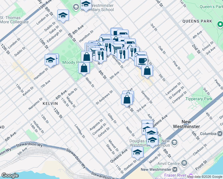 map of restaurants, bars, coffee shops, grocery stores, and more near 422 8th Street in New Westminster