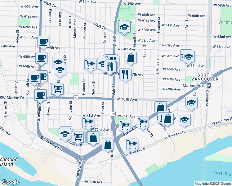 map of restaurants, bars, coffee shops, grocery stores, and more near 8556 Oak Street in Vancouver