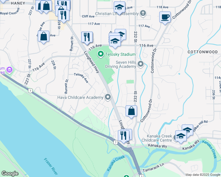 map of restaurants, bars, coffee shops, grocery stores, and more near 23061 Lougheed Highway in Maple Ridge