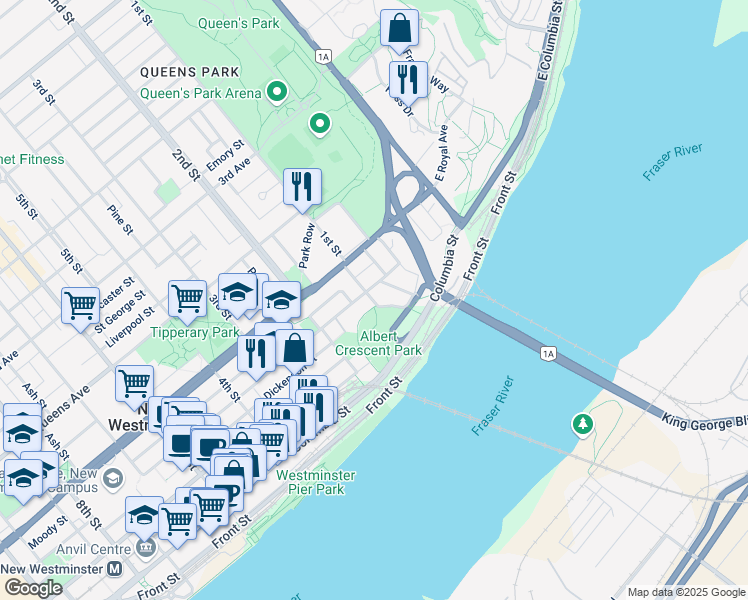 map of restaurants, bars, coffee shops, grocery stores, and more near 65 First Street in New Westminster