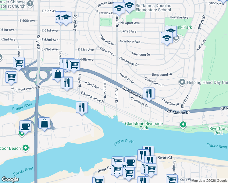map of restaurants, bars, coffee shops, grocery stores, and more near 8363 Victoria Drive in Vancouver