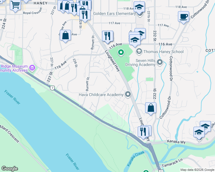 map of restaurants, bars, coffee shops, grocery stores, and more near 22895 Gillis Place in Maple Ridge