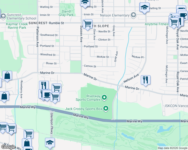 map of restaurants, bars, coffee shops, grocery stores, and more near 4505 Marine Drive in Burnaby