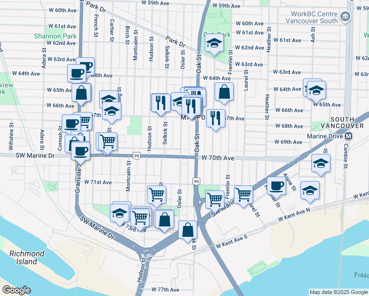 map of restaurants, bars, coffee shops, grocery stores, and more near in Vancouver