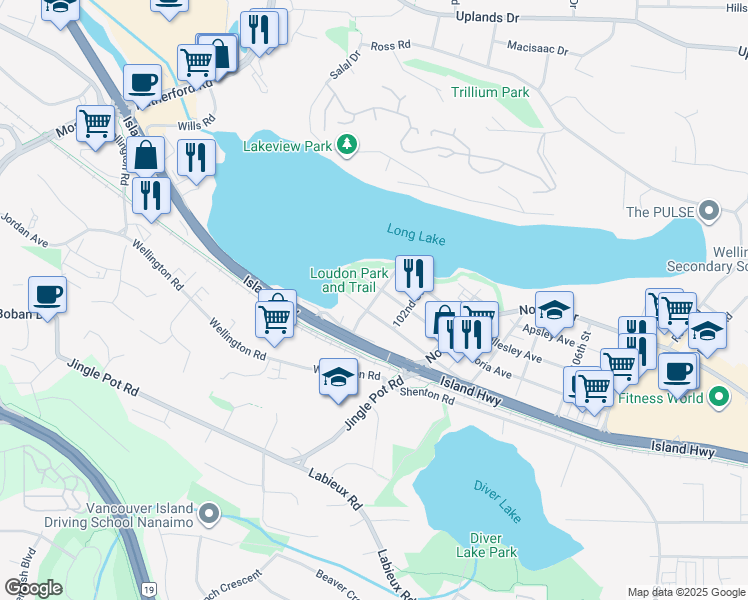 map of restaurants, bars, coffee shops, grocery stores, and more near 101st Street in Nanaimo