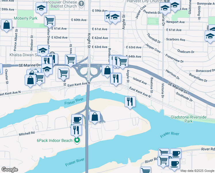 map of restaurants, bars, coffee shops, grocery stores, and more near 1610 East Kent Avenue South in Vancouver