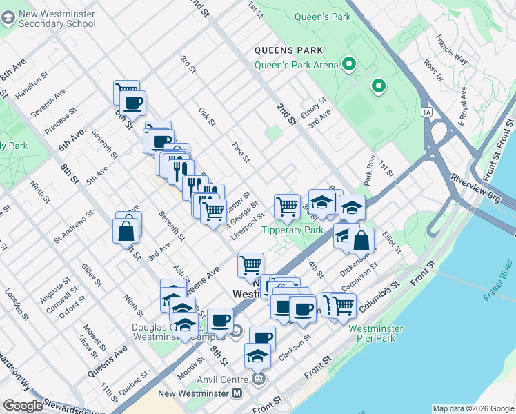 map of restaurants, bars, coffee shops, grocery stores, and more near 218 3rd Street in New Westminster