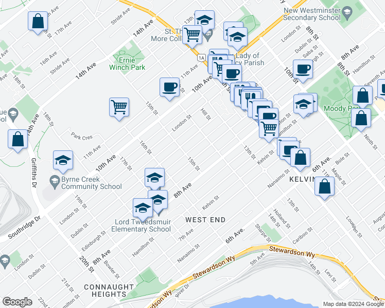 map of restaurants, bars, coffee shops, grocery stores, and more near 1429 Edinburgh Street in New Westminster