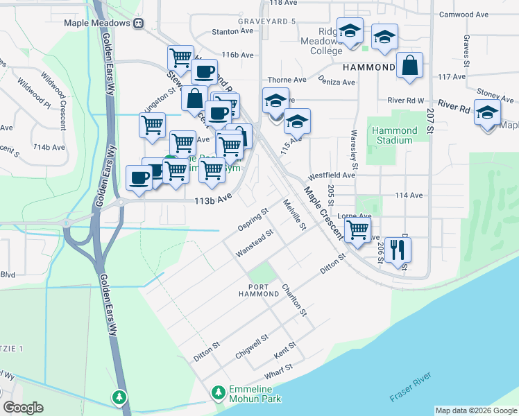 map of restaurants, bars, coffee shops, grocery stores, and more near 20301 Ospring Street in Maple Ridge