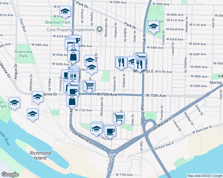 map of restaurants, bars, coffee shops, grocery stores, and more near 8567 Hudson Street in Vancouver